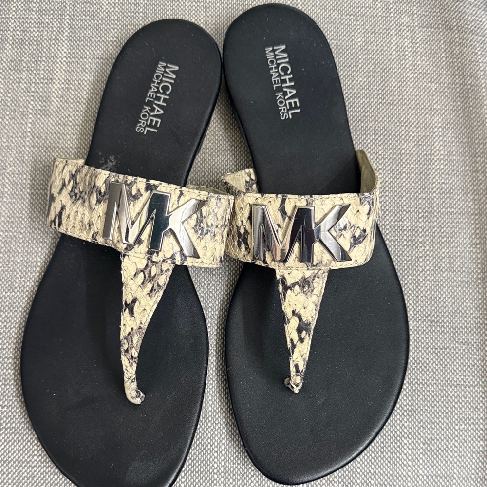 Michael Kors Black and Tan Animal Leather Sandals - Picture 2 of 3